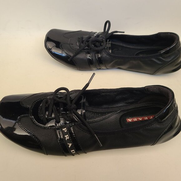 Prada Sport Black Patent Leather Lace Up Ballet Sneakers EU 37.5 US 7 - Picture 6 of 16